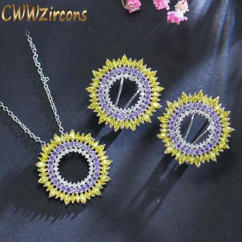 CWWZircons Top Quality Gorgeous Yellow Purple Cubic Zirconia Stones Round Women Hot Summer Earrings Necklace Jewelry Sets T093