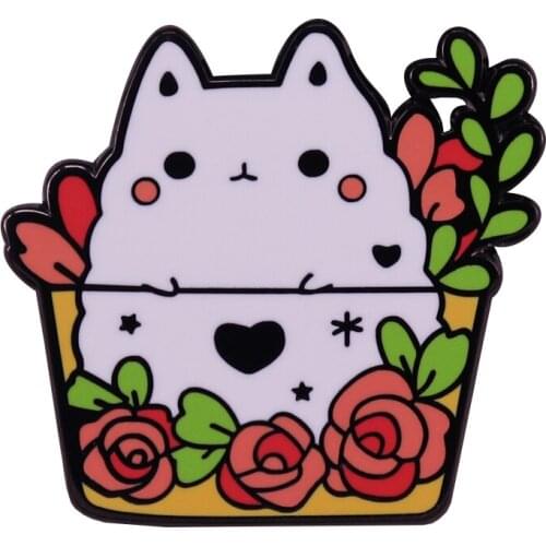 Cute Cat in a Planter Enamel Pin Beautiful Flower Charm for Your Jackets Bag or Shirt