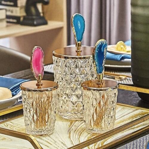 European Luxury Relief Glass StorageJar With Lid Natural Agate Stone Candy Jar Storage Bottles Home Storage Organizer Decoration