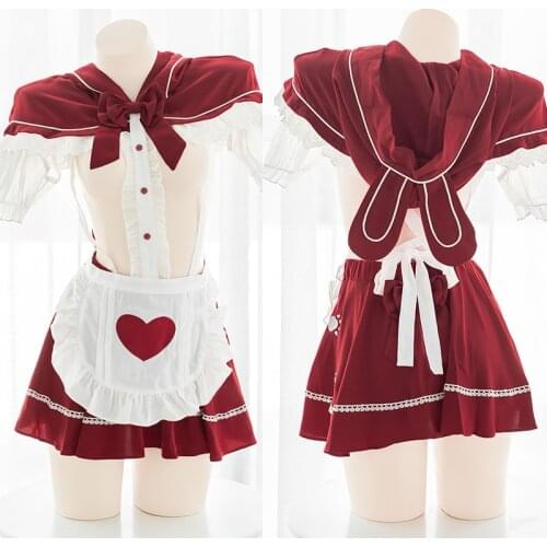Little Red Riding Hood Cosplay Hollow out UltraShort Dress Jumpsuits Sexy Lolita Berry Girl Hooded Cloak Maid Underwear Set