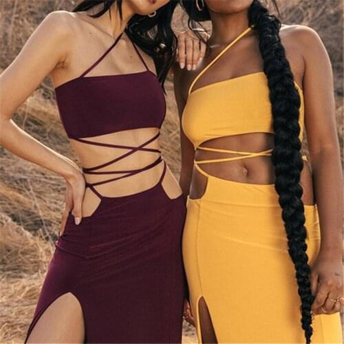 Summer Hot Fashion Solid Bandage Suits Sleeveless Lace-Up Crop Top And Side Slit Maxi Dress Nightclub Party Ladies Clothes 2021