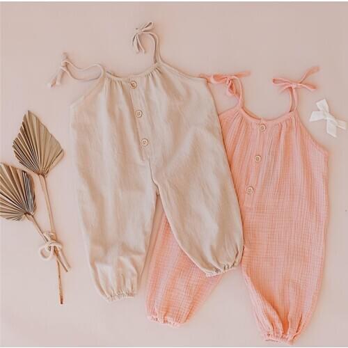 Cute Newborn Baby Boy Girl Cotton Linen Romper Solid Color Sling Sleeveless Jumpsuit Outfit Summer Casual Baby Clothing 0-24M