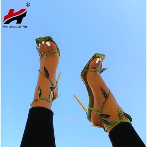 Fashion sexy snake print leaf decoration hollow open toe buckle stiletto super high heel plus size summer Women‘s sandals 35-42