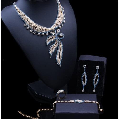4pcs Lake Blue Wedding Jewelry Exquisite Hollow out Plant Necklace Earrings for Bridal Fashion Crystal Rhinestones Jewelry sets