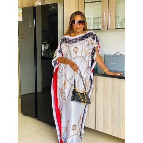 New Style African Loose Dresses Womens Dashiki Nigeria Fashion SILK 100% Material With Scarf Print Long Dress Free Size