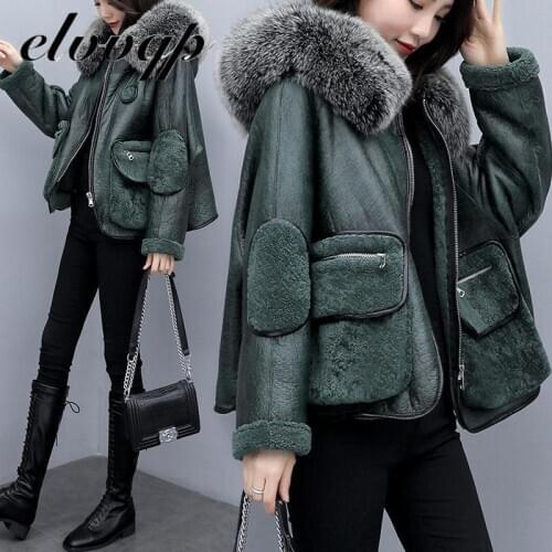 Faux Leather Coat Green Winter Jackets High Quality Faux Lamb Wool Splicing Coat Long Sleeve Hooded Zipper Short Women Outwear