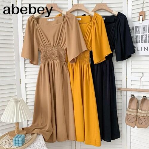 Temperament Versatile square collar flared sleeve Dress high waist pleated elastic waist mid-length Dress 2021 New Summer