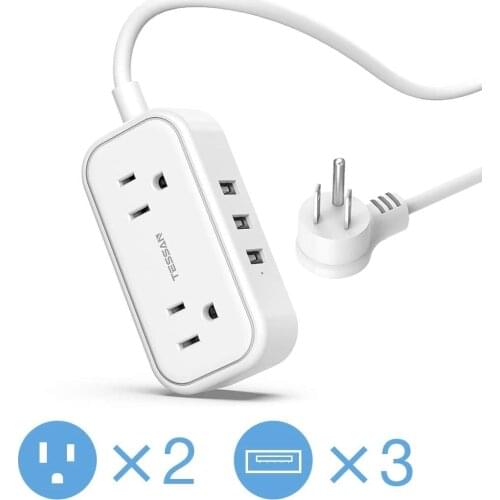 TESSAN Flat Plug with 3M/9.8FT Extension Line US Power Strip Multi Plug Socket with 3 USB Ports and 2 Grounding Charger for Home