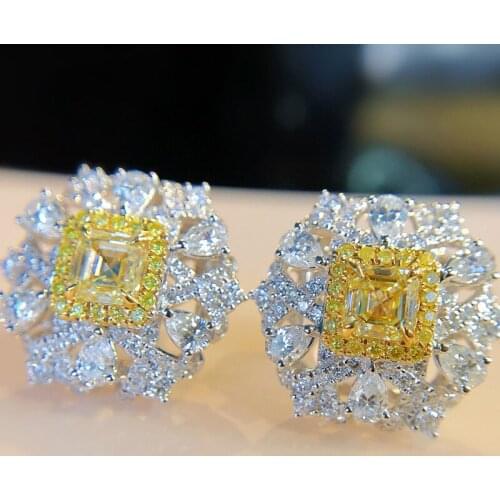 Luxury Female Yellow Zircon Stone Stud Earrings Silver Color Small Earrings For Women Vintage Flower Crystal Wedding Earrings