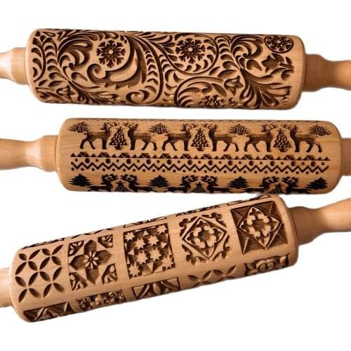 Christmas Wood Embossing Rolling Pin Fondant Dough Vintage Pattern Engraved Roller Stick Baking Pastry Tool Baking Accessories