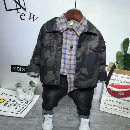 Boys Stylish Clothes Sets Fashion Camouflage Leather Casual Plaid Long Sleeve Shirt Jeans Kids Tracksuit 2 3 4 5 6 Years Suit