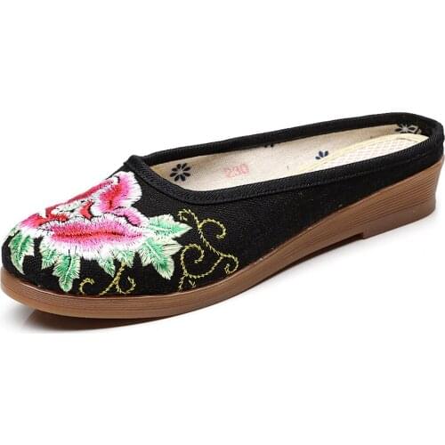 Vintage Chinese Flowers Embroidered Ladies Canvas Close Toe Shoes Summer Women Leisure Cotton Flat Slippers With Platforms