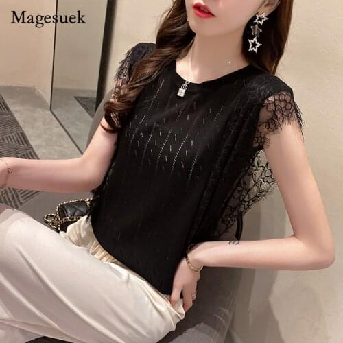 Summer Ice Silk Blouse for Women Solid Lace Cotton Knitted Sleeveless Top Elegant Casual Office Lady Loose Blouse Blusa 15597