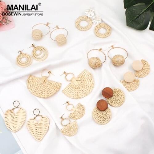 MANILAI Trendy Korea Earrings For Women Wood Straw Rattan Knit Drop Dangle Earrings Big Jewelry Statement Earrings Wooden Female