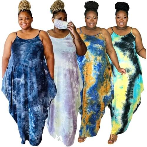 Womens Tie Dye Printing Loose Long Dress Spaghetti Strap Irregular Elegant Beach Dresses Plus Size 5XL Robe Sexy Femme Vestidos