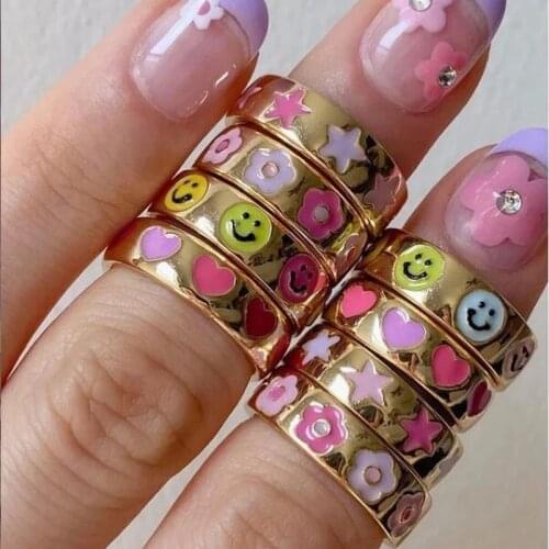 High quality rainbow Colorful Enamel Heart flower Surrounded Smile face Stacking Finger Ring for Women Adorable Eternity jewelry