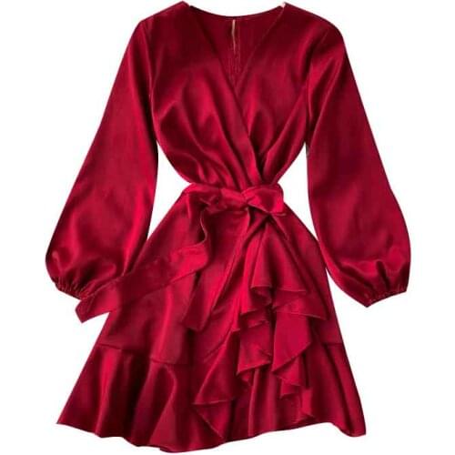 Spring and Autumn New Ladies Long-sleeved Dress V-neck Lace-up Waist is Thinner Drape Long-sleeved Lotus Leaf Dress