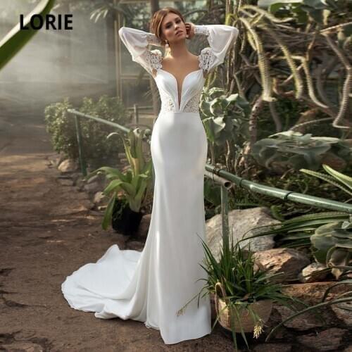 LORIE Lace Boho Bohemian Wedding Dress Arabic Appliques Elastic Chiffon Mermaid Wedding Gown Bride Dresses 2021 novia vestido