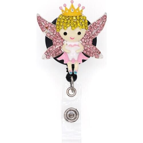 10pcs/lot New Design Retractable Medical Pink Rhinestone Nurse Badge Reel Fairy Badge Holder