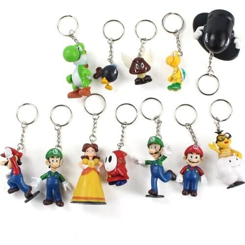 3-6.5cm 12pcs/Lot Super Mario Bros Yoshi Bomb Luigi Goomba Shy Guy Turtle Key Chains PVC Action Figure Model Toys Pendants