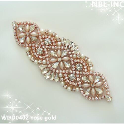 30pcs) Wholesale hand sewing iron on bridal beaded crystal gold rhinestone applique for wedding dresses sash belt WDD0402