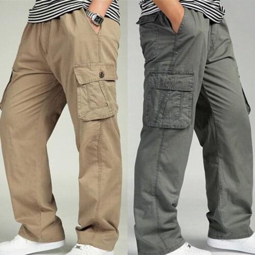 Large Size Solid Color Comfortable Elastic Waist Cotton Extra Casual Loose Straight Mens Cargo Pants