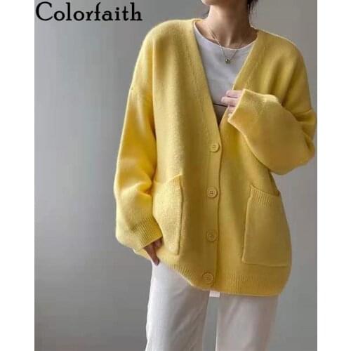Colorfaith New 2021 Womens Autumn Winter Sweaters 6 Colors Elegant Cardigans Fashionable Vintage Knitted Lady Tops SWC1557JX