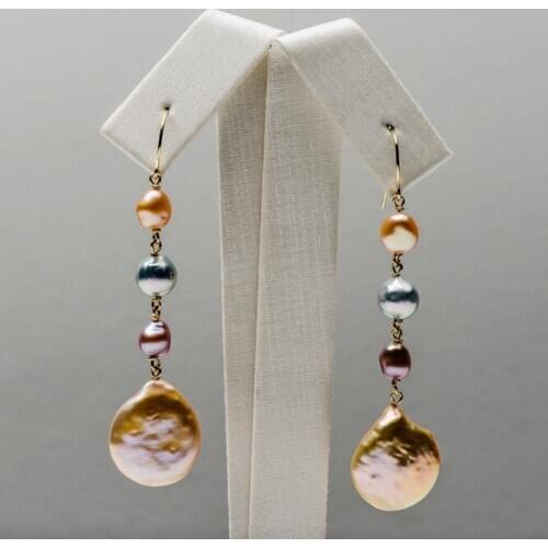 5-14mm Multicolor Real Akoya Pearl Keshi Pearl Long Drop Earrings 9k Yellow Gold