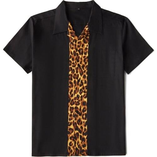 Men Shirt Vintage 1950s Rockabilly Mens Shirt Rock N Roll Short Sleeve Leopard Checkerboard Prind Punk Rave Shirt Retro Hip Hop