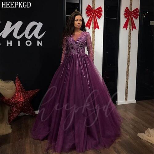 Purple Long Sleeves Beading Tulle Arabic Evening Formal Dress New Design A Line Floor Length Plus Size Girl Graduation Prom Gown