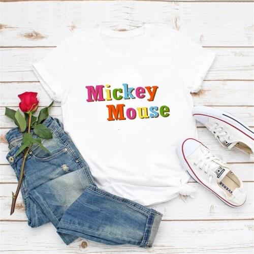 Mickey Mouse Letter Printed Women Clothes Summer New Fashion O-Neck White Streetwear Girls Tshirts Simple Basic Femme Tee Shirts