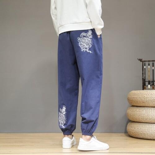 Cotton Linen Dragon Embroidery Harem Pants Men Joggers Mens Pants Korean Streetwear Mens Casual Pants Hip Hop M-5XL 2021