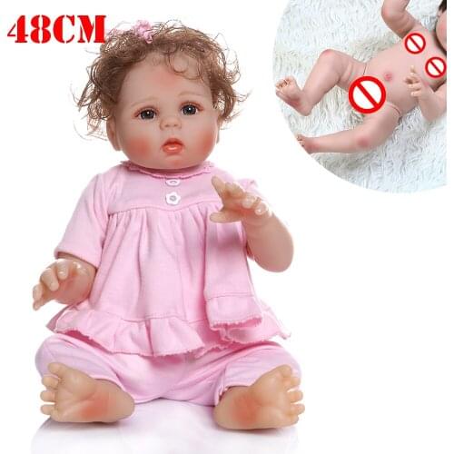 Curly hair 48CM bebe reborn toddler doll girl in pink dress full body soft silicone realistic flexible baby reborn bath toy