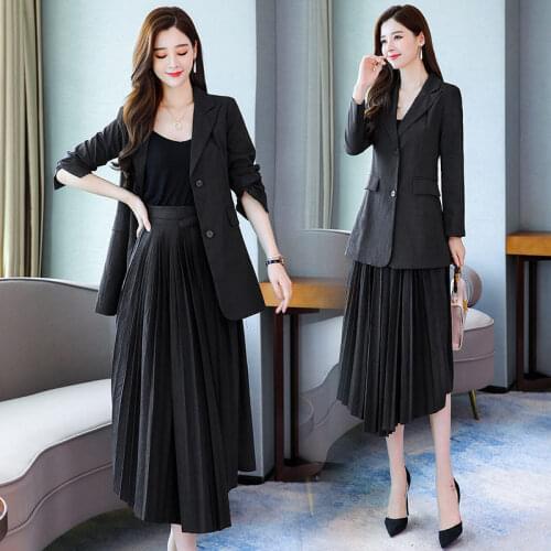 Small Suit Two Piece Set Korean Style Temperament Female Light Mature Fashionable Pleated Skirt Office Lady Blazer Skirt zh1479