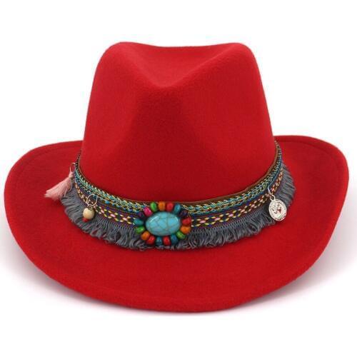 Fashion Women Wool Western Cowboy Hat With Tassel Ribbon Wide Brim Jazz Hat Sombrero Hombre Hat