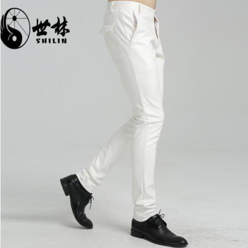 Plus velvet waterproof personality fashion motorcycle faux leather pants mens feet pants pu trousers for men autumn winter