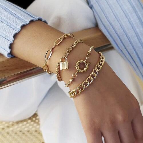 Retro Punk Hip Hop Style Lock Bracelets Set for Women Men Multi-element Geometric Chunky Bracelet Bangles Boho Jewelry Gift