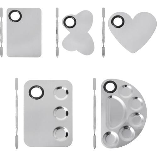 Stainless Steel Paint Palette Tray Mixing Rod Spatula Set For Nail Art Supply School Supplies Watercolor Oil Painting Makeup