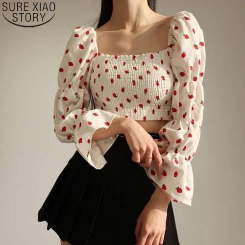 New Sweet Strawberry Print Blouse Women Slash Neck Puff Sleeve Shirts Clothes White Black Yellow Party Off Shoulder Tops 14369