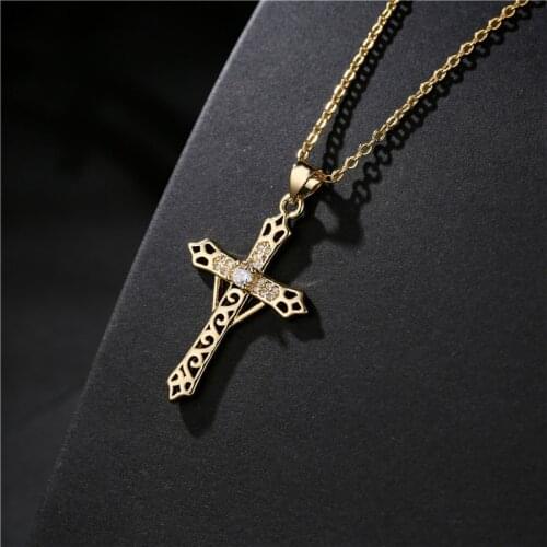 New Ariival Gold Color Cross Pendant Necklace For Women Hollow Design Cubic Zircon Christian Jewelry Party Gift