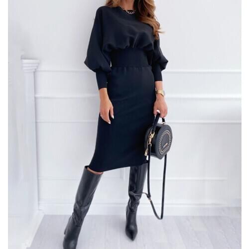 Sexy Lantern Sleeve Bodycon Midi Dress For Women 2021 Spring Fall Fashion Elegant Long Sleeve O-neck Solid Black Dresses Woman