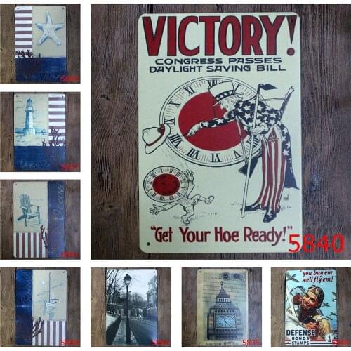Victory! Get Your Hoe Ready! Shabby Chic Vintage Style Metal Sign America National Flag Street Scenery for Bar Decorative Poster