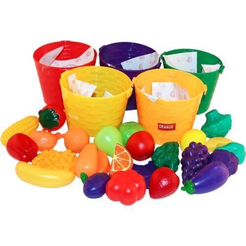 Pretend Role Play 25 Pieces Fruits Vegetables & 5 Baskets Farmers Market Color Sorting Children Early Learning Cognition Toy