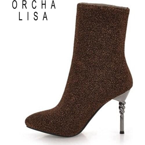 ORCHALISA 2021 Sexy High Heels Stiletto Ankle Short Boots Elastic Sock Glitter Fabric Party Pointed Toe Black Big Size 43 S2485