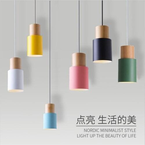 Nordic Modern Wood Pendant Lights Iron Wooden Cylinder Hanging Lamp for Cafe Restaurant Bedroom Kitchen Dinning Indoor Droplight