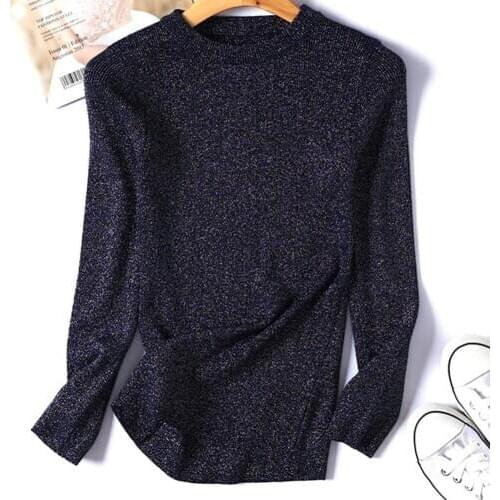 Women Sweatshirts Autumn Long Sleeve Fashion Solid Color Shiny Women Sweater Pullover O-Neck Basic Skinny Knitted Top