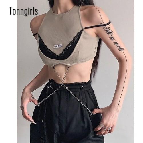 Tonngirls Patchwork Lace Crop Top Women Clothes Gothic Sleeveless Top Women Streetwear Knitted Sexy Chain Tank Tops Summer 2021