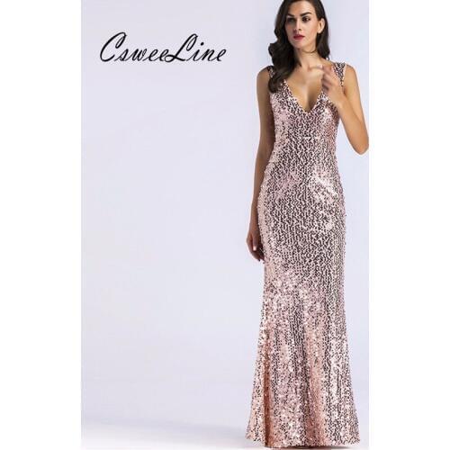 Shining Gold Sequin Maxi Dress V-neck Chic Evening Party Mermaid Dresses Elegant Women Vestidos Sleeveless Sequins Sexy Dress