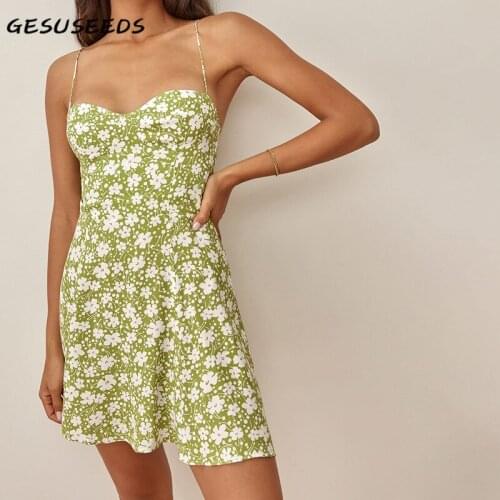 Vintage floral dress women summer dress 2021 sexy strapless dresses kawaii clothes spaghetti strap mini dresses green vestidos