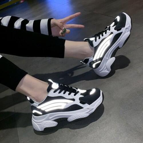 Womens Shoes Spring Korean Chunky Platform Sneakers Reflective Fashion Lace Up Breathable Black Casual Women Vulcanize Shoes